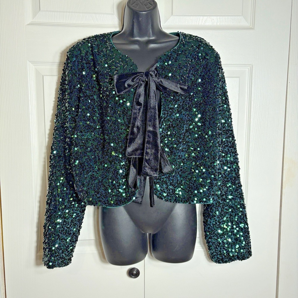 Avara Ashley Sequin Jacket Women L Emerald Green Velvet Bow Tie Cropped Bolero